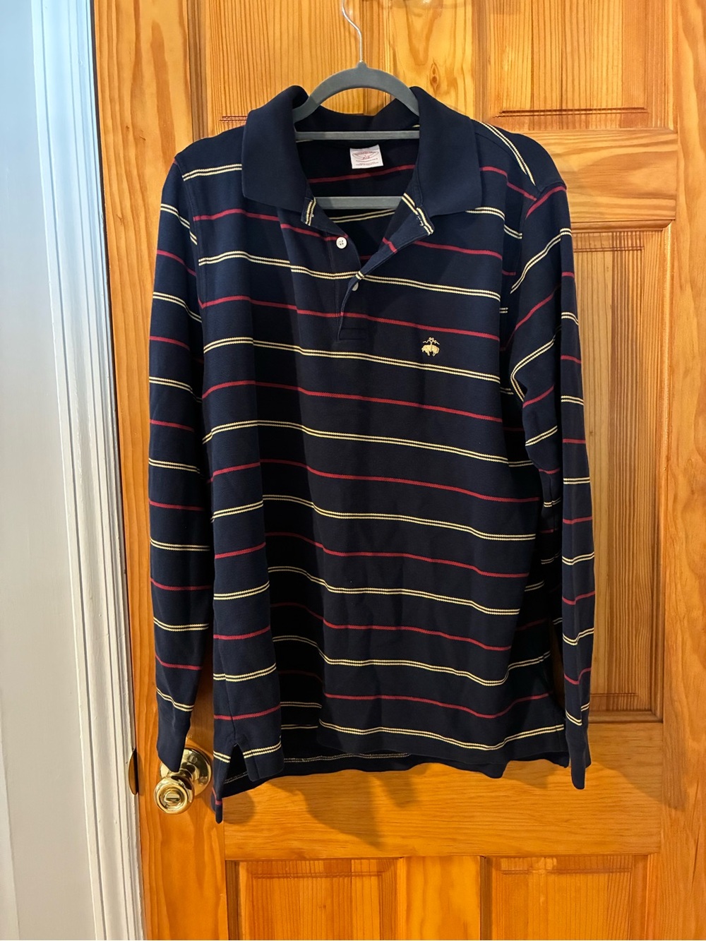 Brooks Brothers Navy Long-Sleeve Striped Polo with Red and Cream Lines